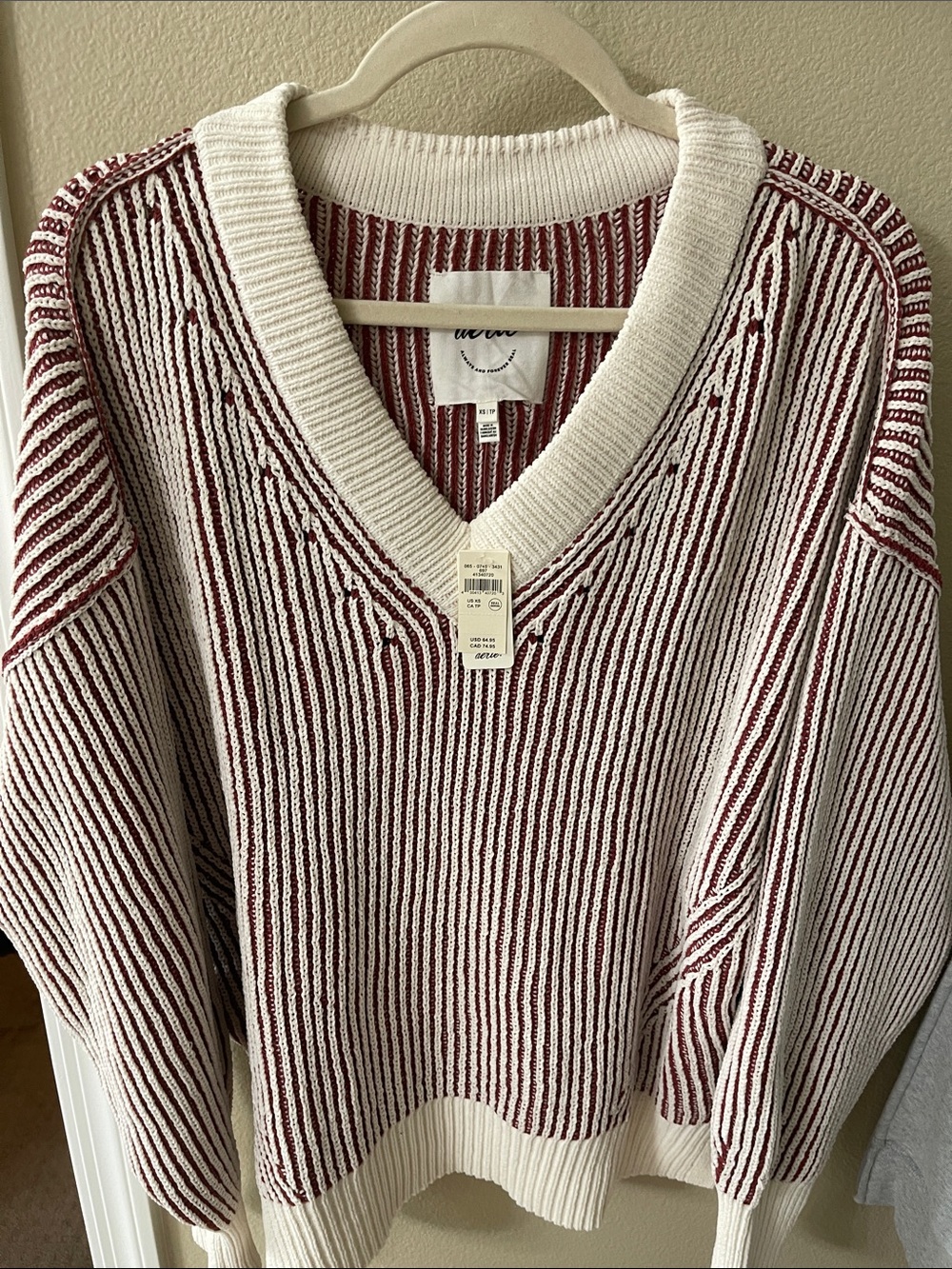 aerie Striped V-Neck Sweater in White and Burgundy
